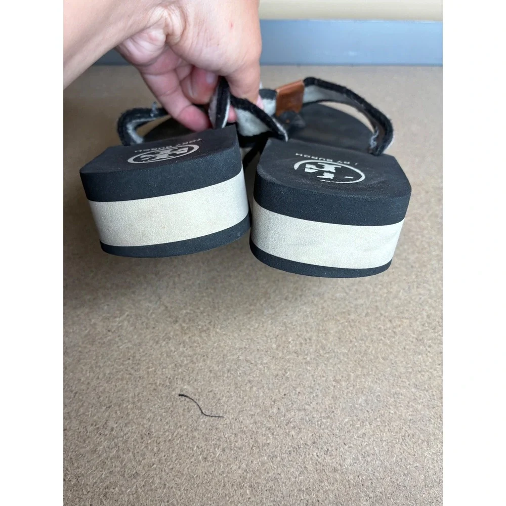 Tory Burch Platform Flip Flop Sandals Black White Striped Wedge Medallion Sz 8